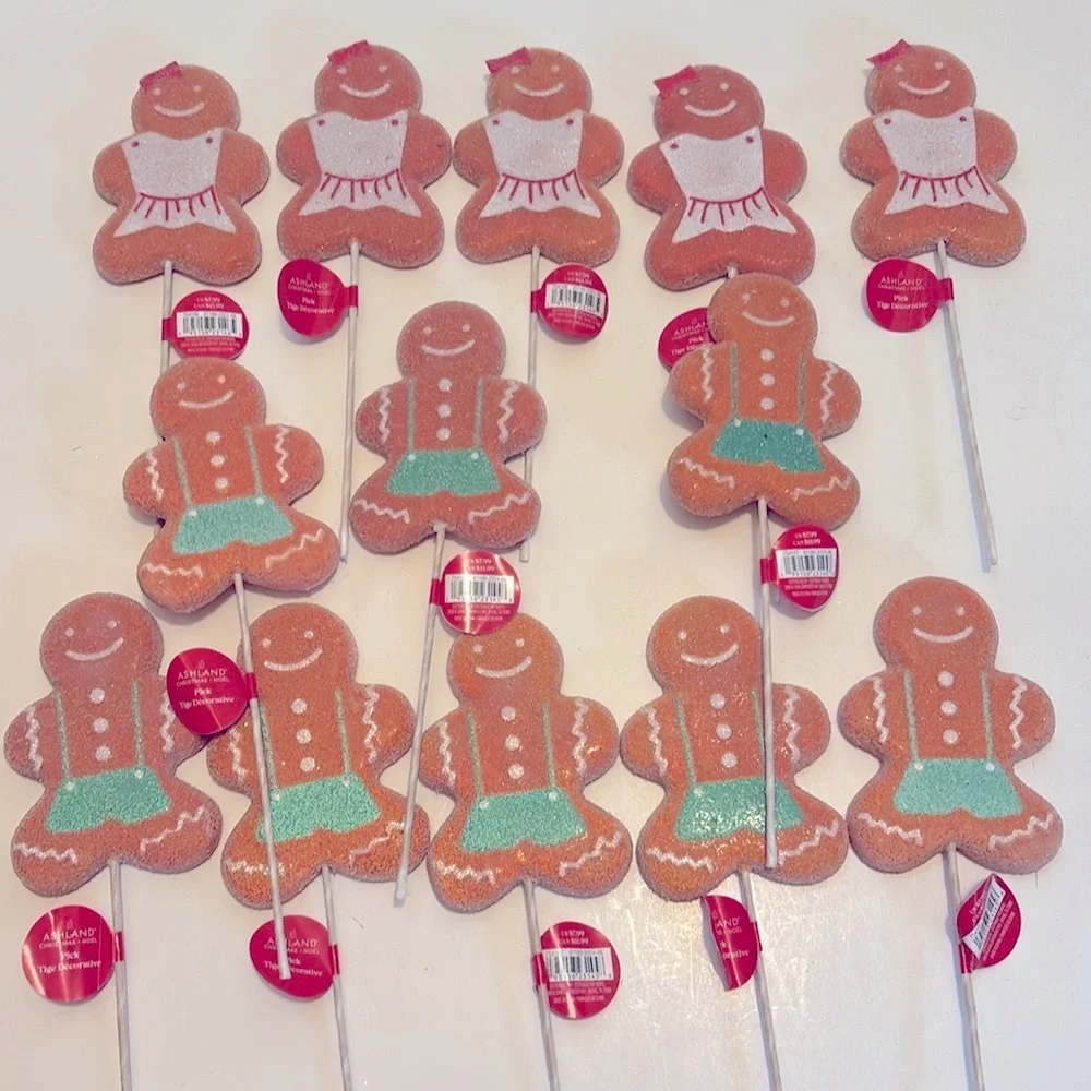 Gingerbread Man Picks Set of 13 Gingerbread Cookie Floral Tree Piks Glittery NWT